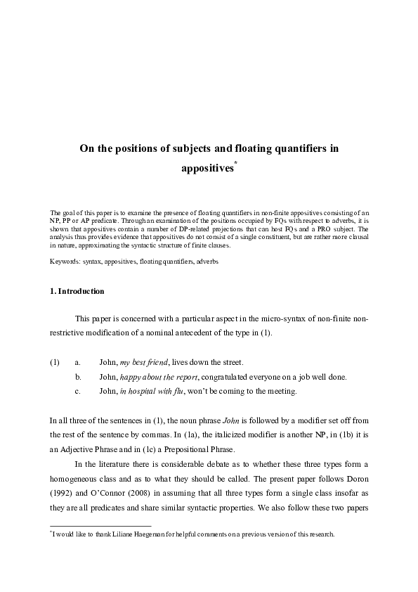 (PDF) On the positions of subjects and floating quantifiers in appositives