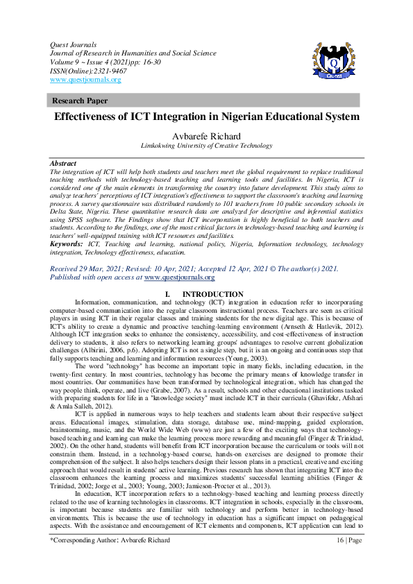 (PDF) Effectiveness of ICT Integration in Nigerian Educational System