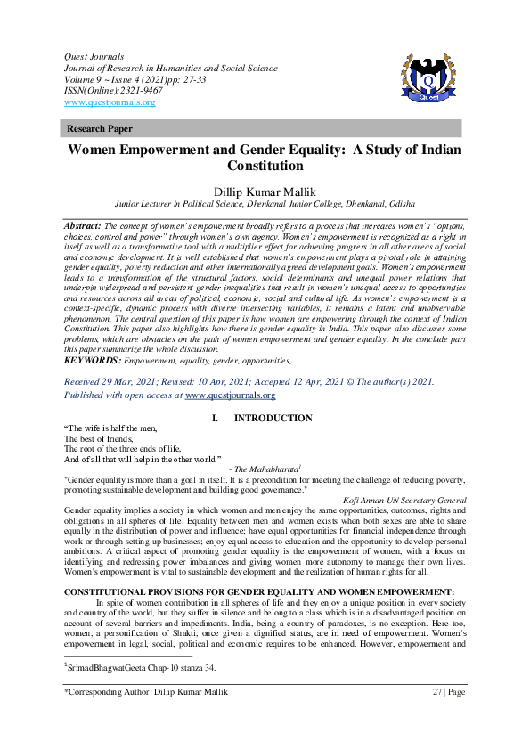 (PDF) Women Empowerment and Gender Equality: A Study of Indian Constitution