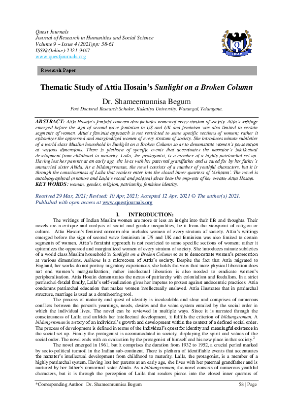 (PDF) Thematic Study of Attia Hosain's Sunlight on a Broken Column