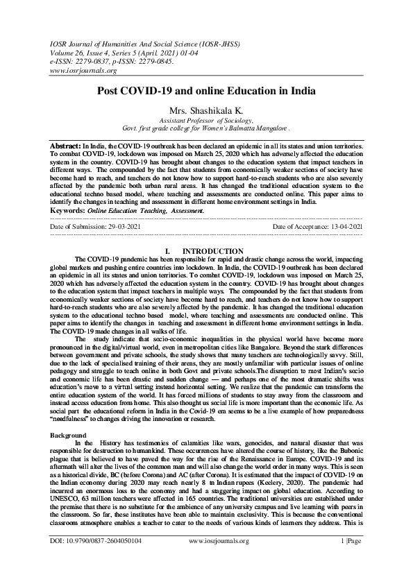 (PDF) Post COVID-19 and online Education in India