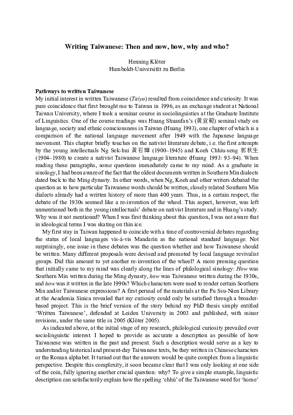 (PDF) Writing Taiwanese Then and now, how, why and who Henning