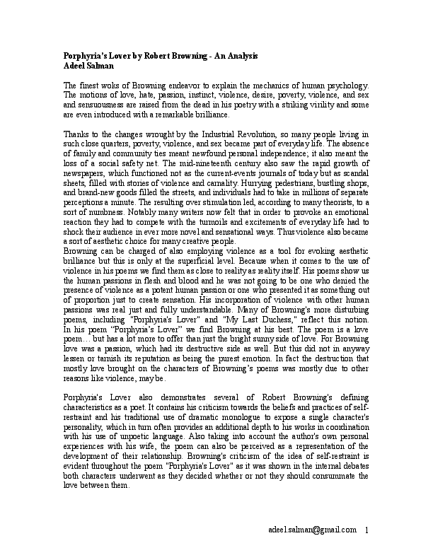 (DOC) Porphyria’s Lover by Robert Browning An Analysis by Adeel