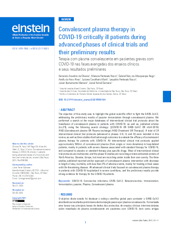 (PDF) Convalescent plasma therapy in COVID-19 critically ill patients ...