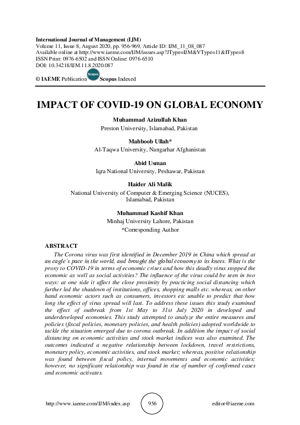 (PDF) IMPACT OF COVID-19 ON GLOBAL ECONOMY