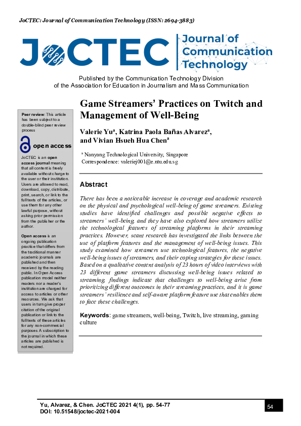 (PDF) Game Streamers' Practices on Twitch and Management of Well-Being