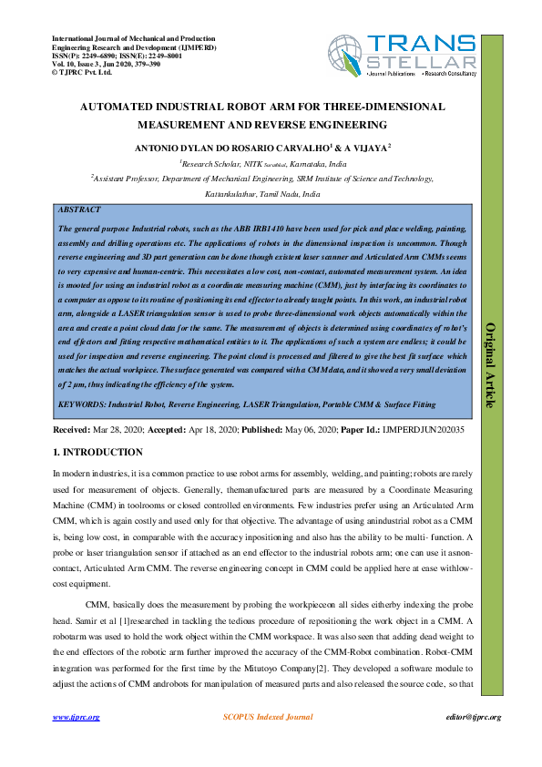 (PDF) AUTOMATED INDUSTRIAL ROBOT ARM FOR THREE-DIMENSIONAL MEASUREMENT ...