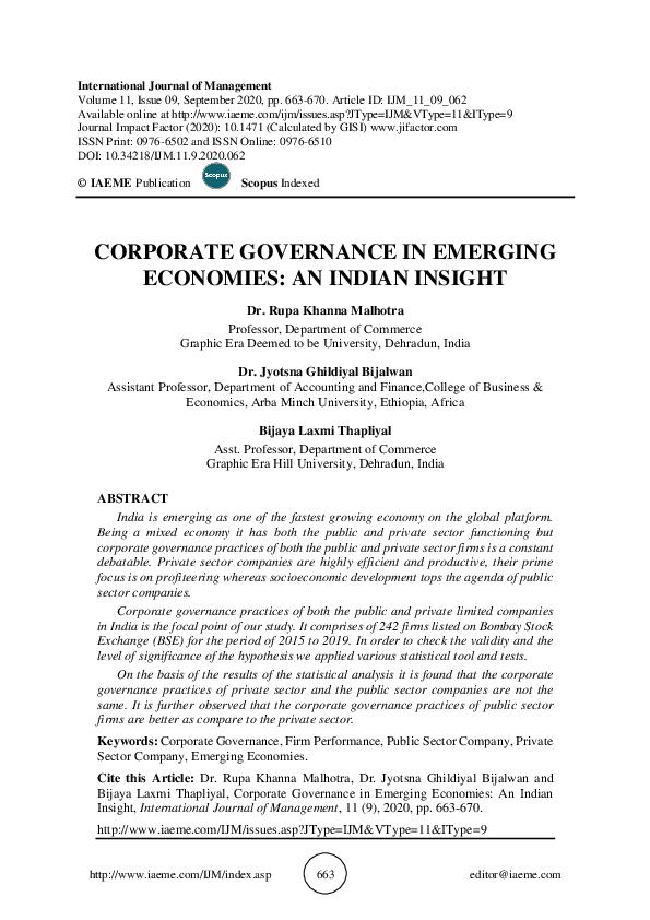  PDF CORPORATE GOVERNANCE IN EMERGING ECONOMIES AN INDIAN INSIGHT 