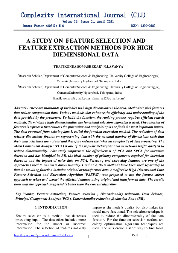 (PDF) A STUDY ON FEATURE SELECTION AND FEATURE EXTRACTION METHODS FOR ...