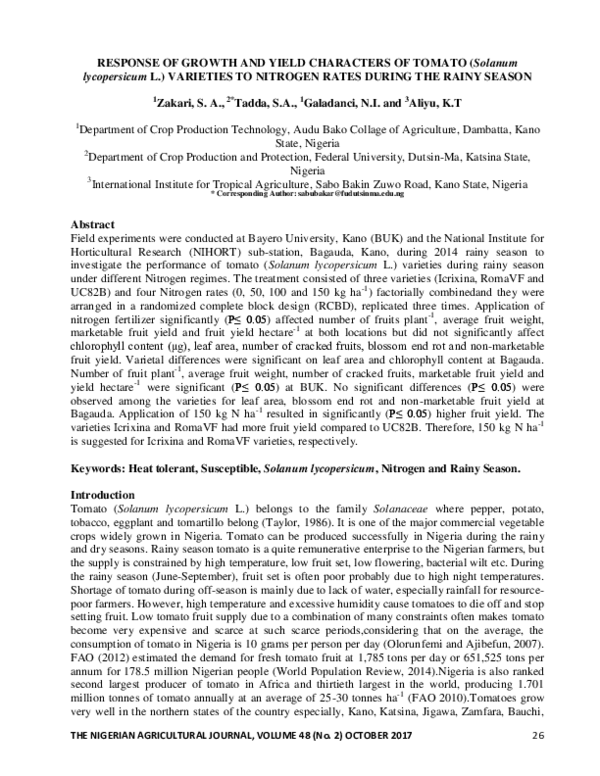 (PDF) RESPONSE OF GROWTH AND YIELD CHARACTERS OF TOMATO (Solanum ...