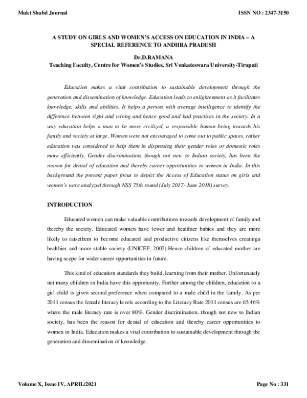 (PDF) A STUDY ON GIRLS AND WOMEN'S ACCESS ON EDUCATION IN INDIA -A ...
