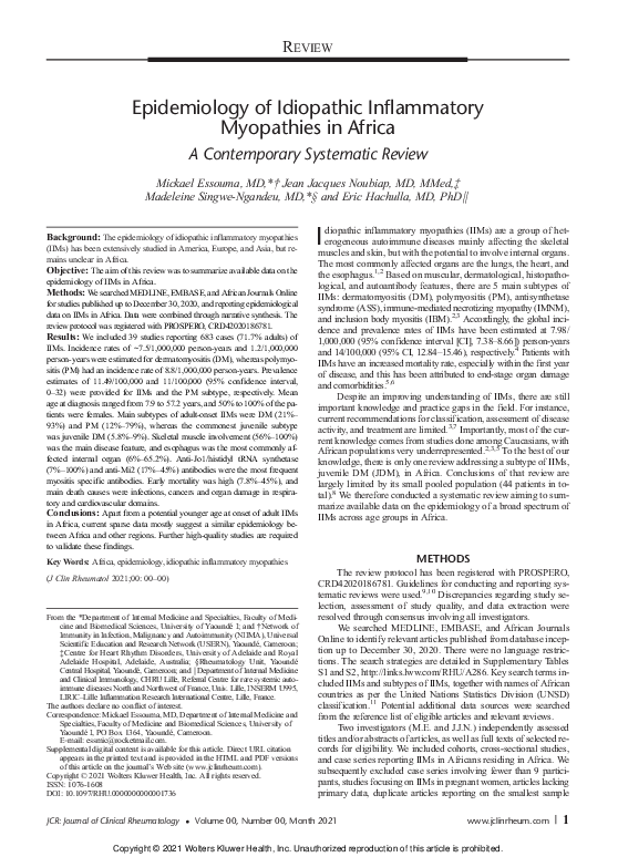 (PDF) Epidemiology of Idiopathic Inflammatory Myopathies in Africa: A ...