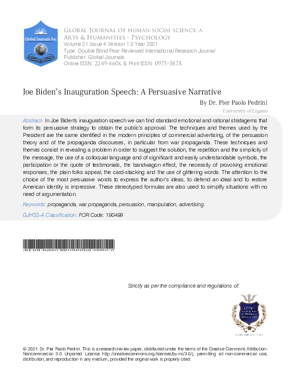 (PDF) Joe Biden's Inauguration Speech: A Persuasive Narrative