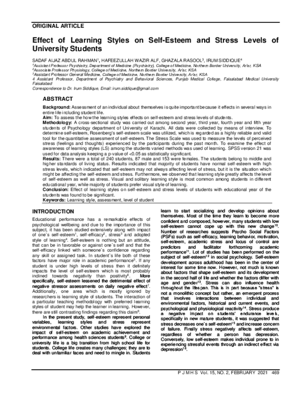 (PDF) Effect of Learning Styles on Self-Esteem and Stress Levels of ...