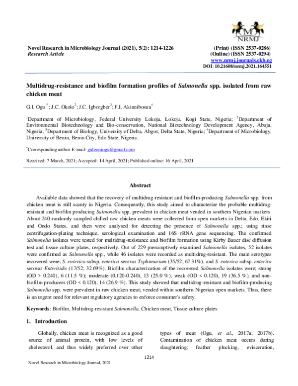 (PDF) Multidrugresistance and biofilm formation profiles of Salmonella