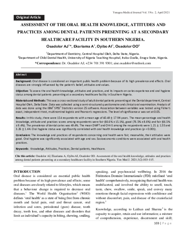 (PDF) ASSESSMENT OF THE ORAL HEALTH KNOWLEDGE, ATTITUDES AND PRACTICES ...