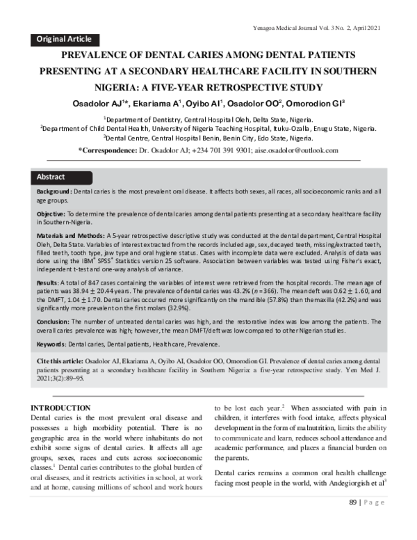 (PDF) PREVALENCE OF DENTAL CARIES AMONG DENTAL PATIENTS PRESENTING AT A
