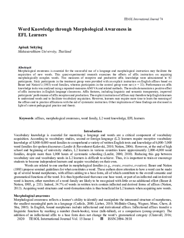 (PDF) Word Knowledge through Morphological Awareness in EFL Learners