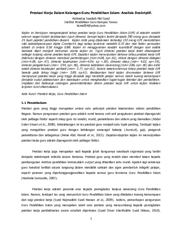 Doc Prestasi Kerja Dalam Kalangan Guru Pendidikan Islam Analisis Deskriptif Halimatus Saadiah Mat Saad Academia Edu