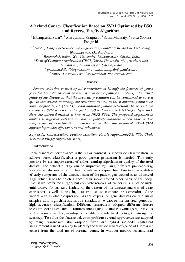 (PDF) A hybrid Cancer Classification Based on SVM Optimized by PSO and ...