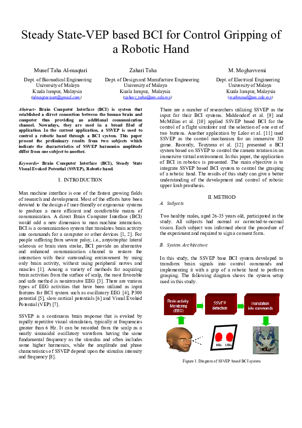 (PDF) Steady State-VEP based BCI for Control Gripping of a Robotic Hand