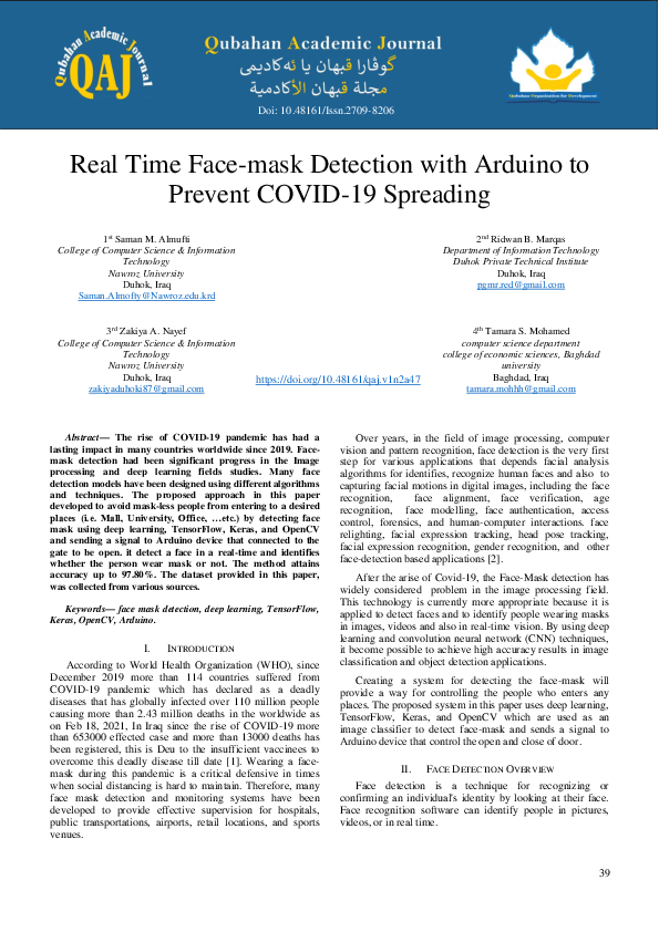(PDF) Real Time Facemask Detection with Arduino to Prevent COVID19