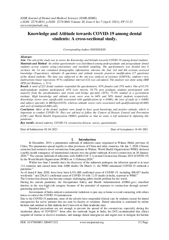 (PDF) Knowledge and Attitude towards COVID-19 among dental students: A ...