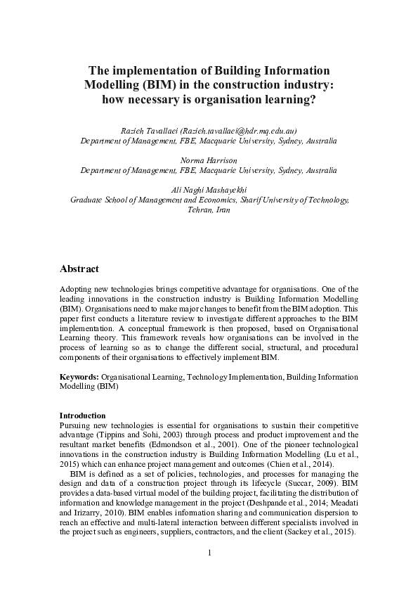 (PDF) The implementation of Building Information Modelling (BIM) in the ...