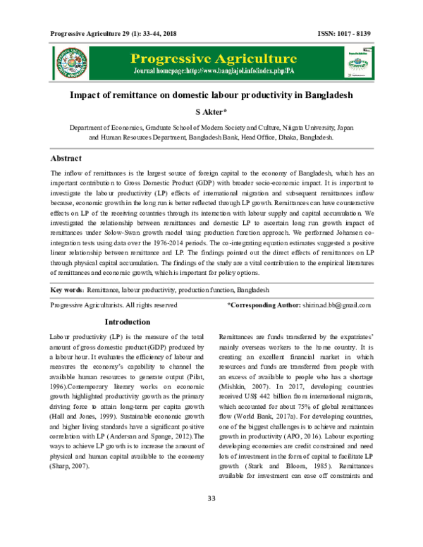 (PDF) Impact of remittance on domestic labour productivity in Bangladesh