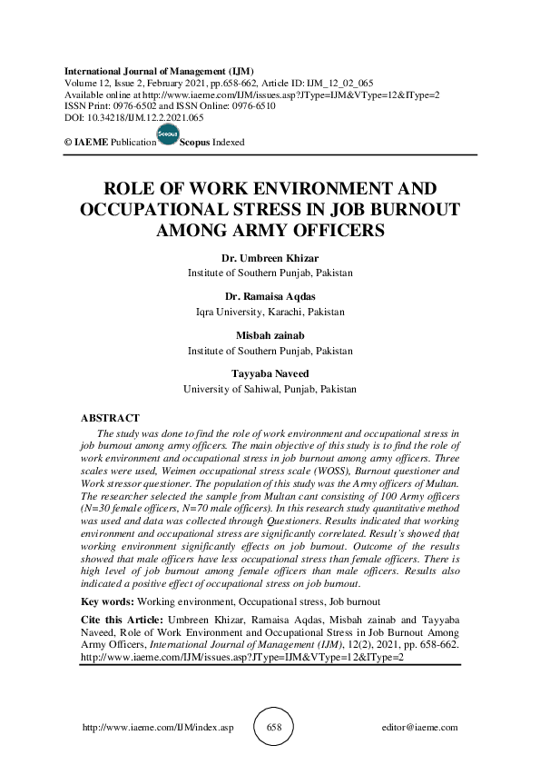 (PDF) ROLE OF WORK ENVIRONMENT AND OCCUPATIONAL STRESS IN JOB BURNOUT ...