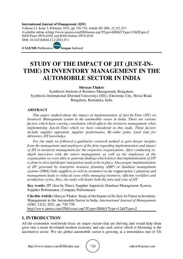(PDF) STUDY OF THE IMPACT OF JIT (JUST-INTIME) IN INVENTORY MANAGEMENT ...