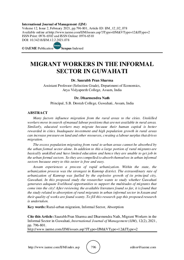 (PDF) MIGRANT WORKERS IN THE INFORMAL SECTOR IN GUWAHATI