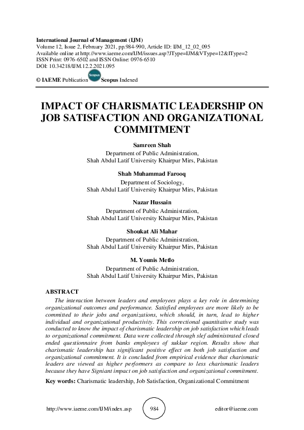 (PDF) IMPACT OF CHARISMATIC LEADERSHIP ON JOB SATISFACTION AND ...