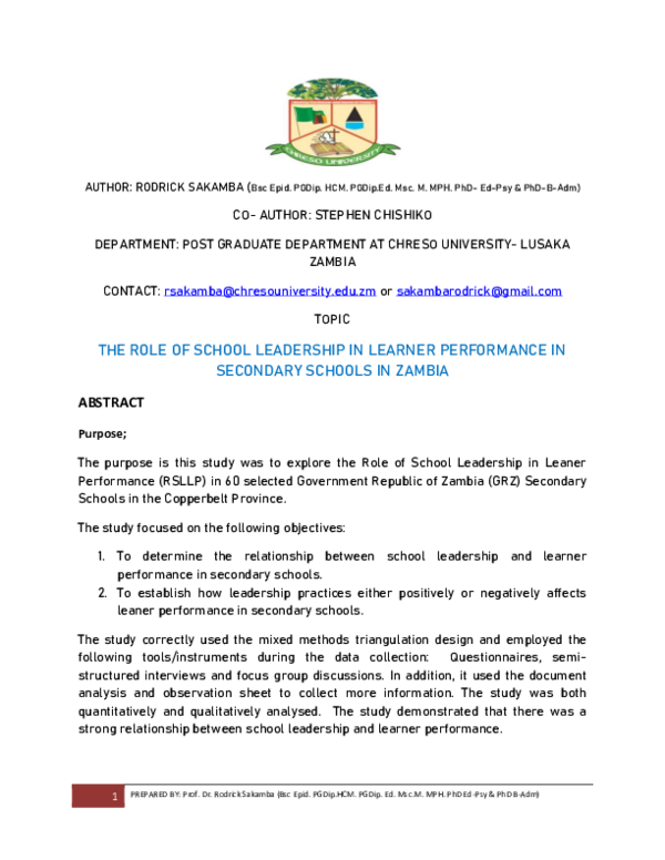 (PDF) PREPARED THE ROLE OF SCHOOL LEADERSHIP IN LEARNER PERFORMANCE IN ...