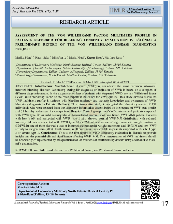 (PDF) ASSESSMENT OF THE VON WILLEBRAND FACTOR MULTIMERS PROFILE IN ...