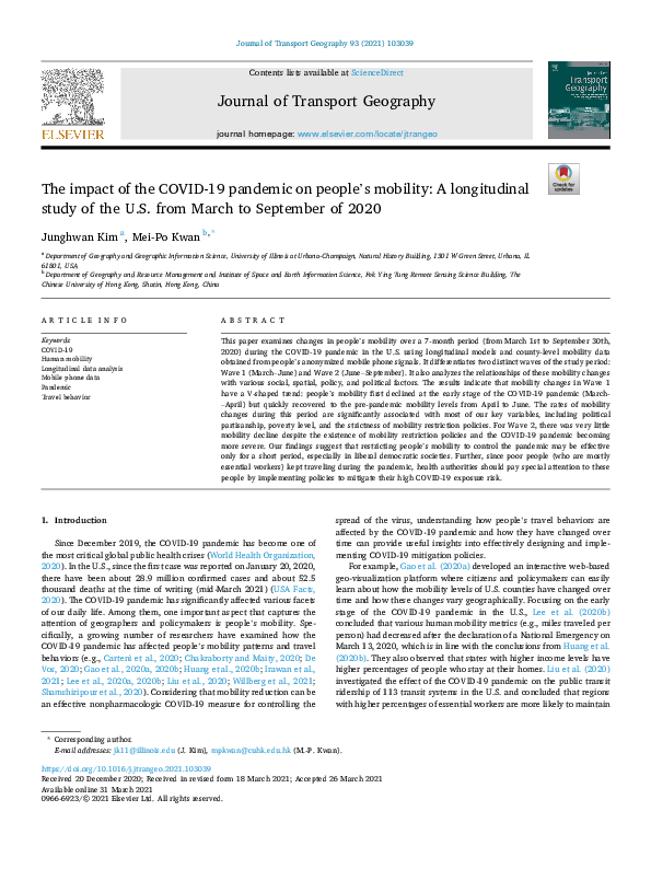 (PDF) The impact of the COVID-19 pandemic on people’s mobility: A ...