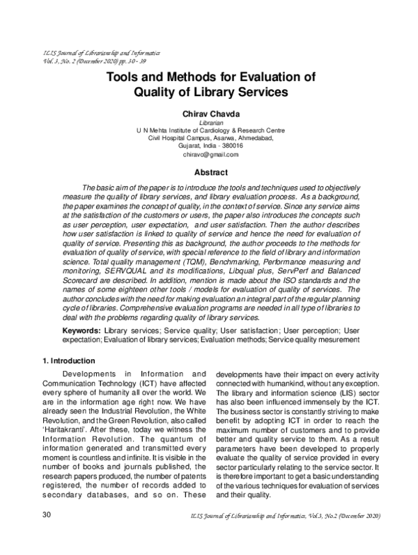 (PDF) Tools and Methods for Evaluation of Quality of Library Services