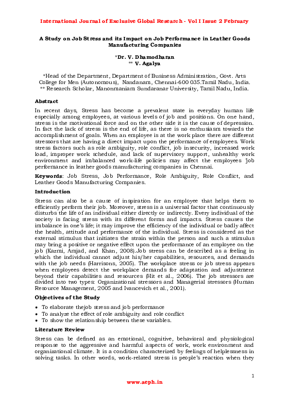 (PDF) A Study on Job Stress and its Impact on Job Performance in ...