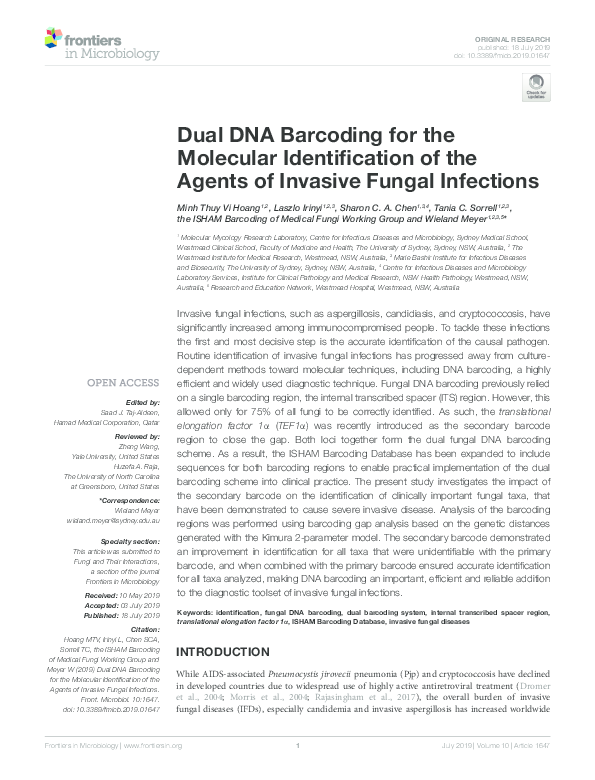 (PDF) Dual DNA Barcoding for the Molecular Identification of the Agents ...