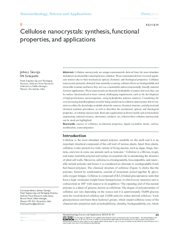 (PDF) Cellulose nanocrystals: synthesis, functional properties, and ...
