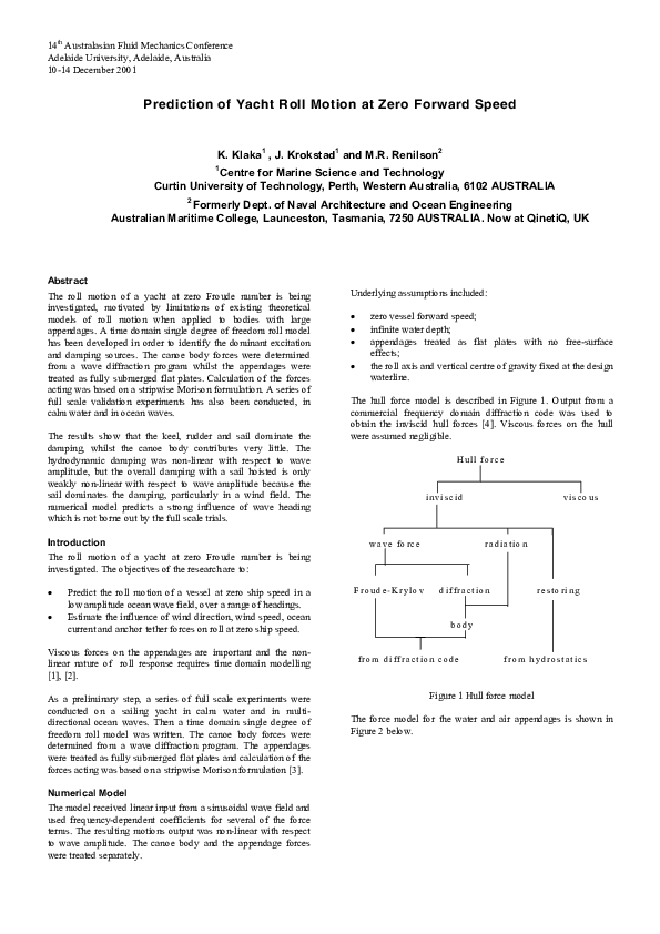 (PDF) Prediction of Yacht Roll Motion at Zero Forward Speed
