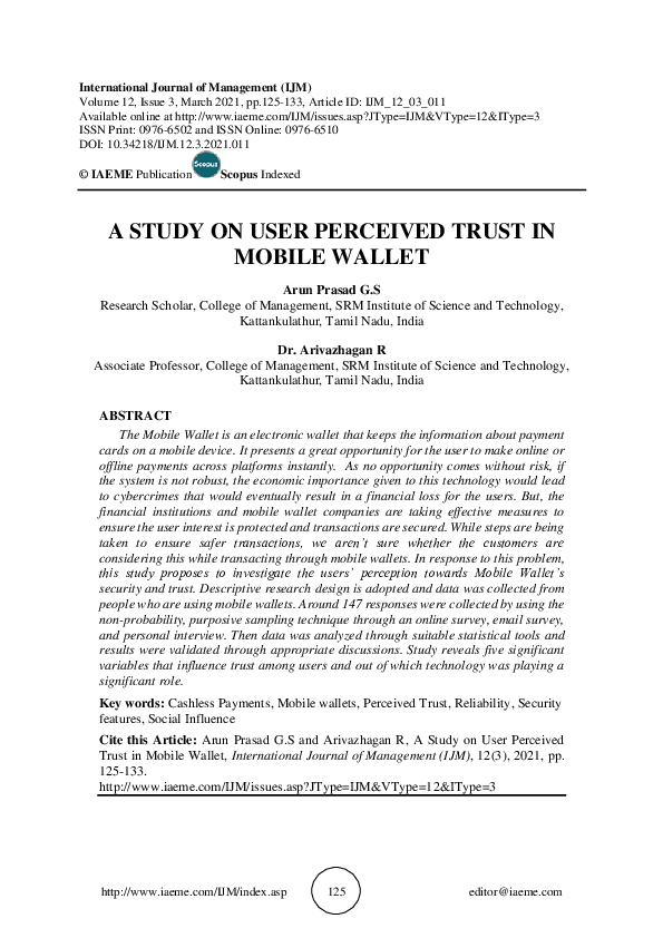 (PDF) A STUDY ON USER PERCEIVED TRUST IN MOBILE WALLET