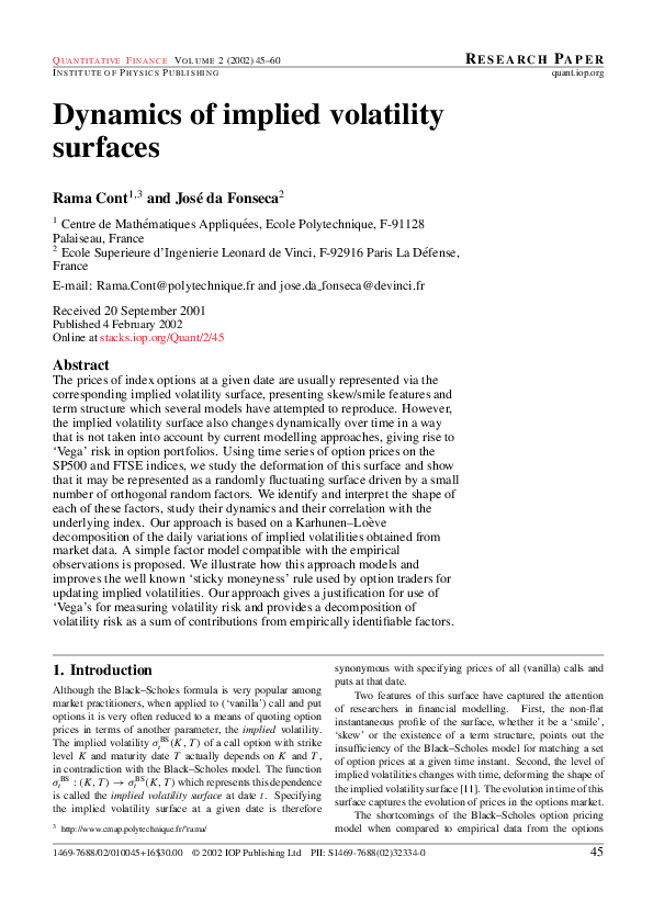 (PDF) Dynamics of implied volatility surfaces