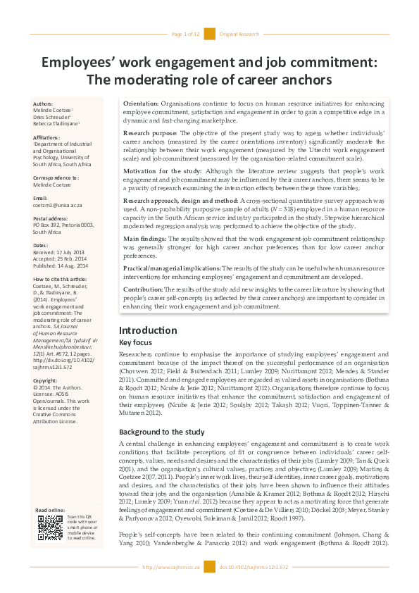 (PDF) Employees’ work engagement and job commitment The moderating