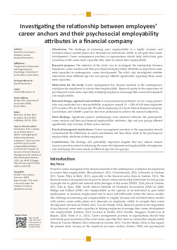 (PDF) Investigating the relationship between employees’ career anchors ...