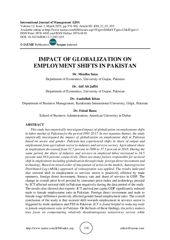 (PDF) IMPACT OF GLOBALIZATION ON EMPLOYMENT SHIFTS IN PAKISTAN