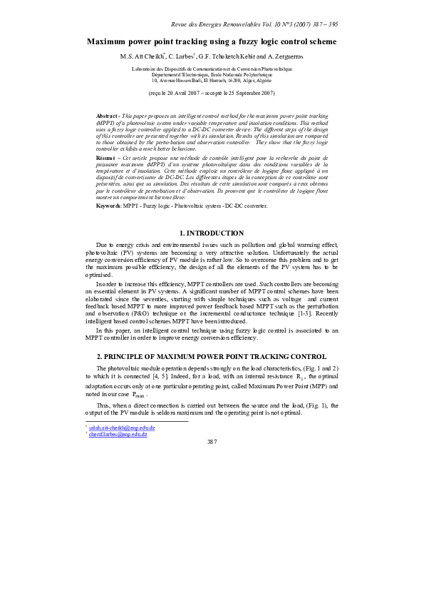(PDF) Maximum power point tracking using fuzzy logic control