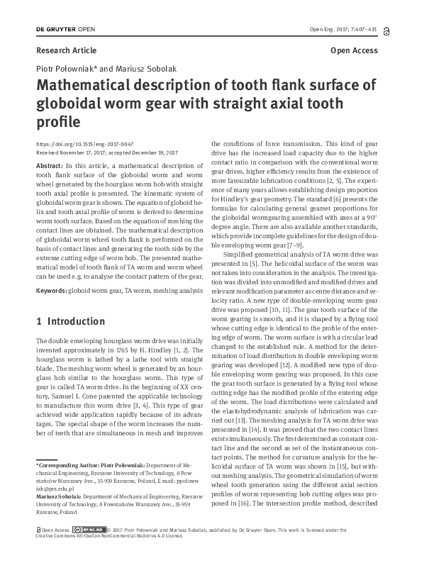 (PDF) Mathematical description of tooth flank surface of globoidal worm gear with straight axial