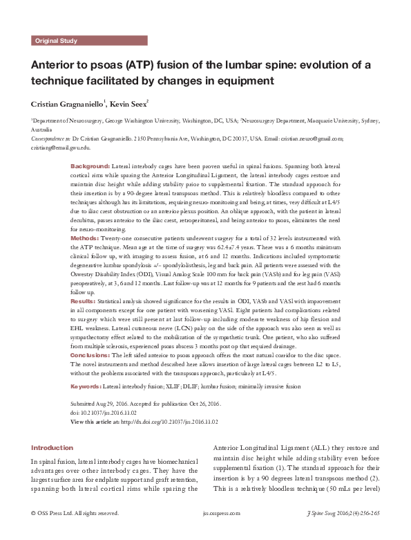 (PDF) Anterior to psoas (ATP) fusion of the lumbar spine: evolution of ...