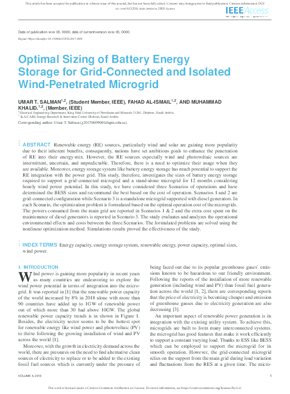 (PDF) Optimal Sizing of Battery Energy Storage for GridConnected and